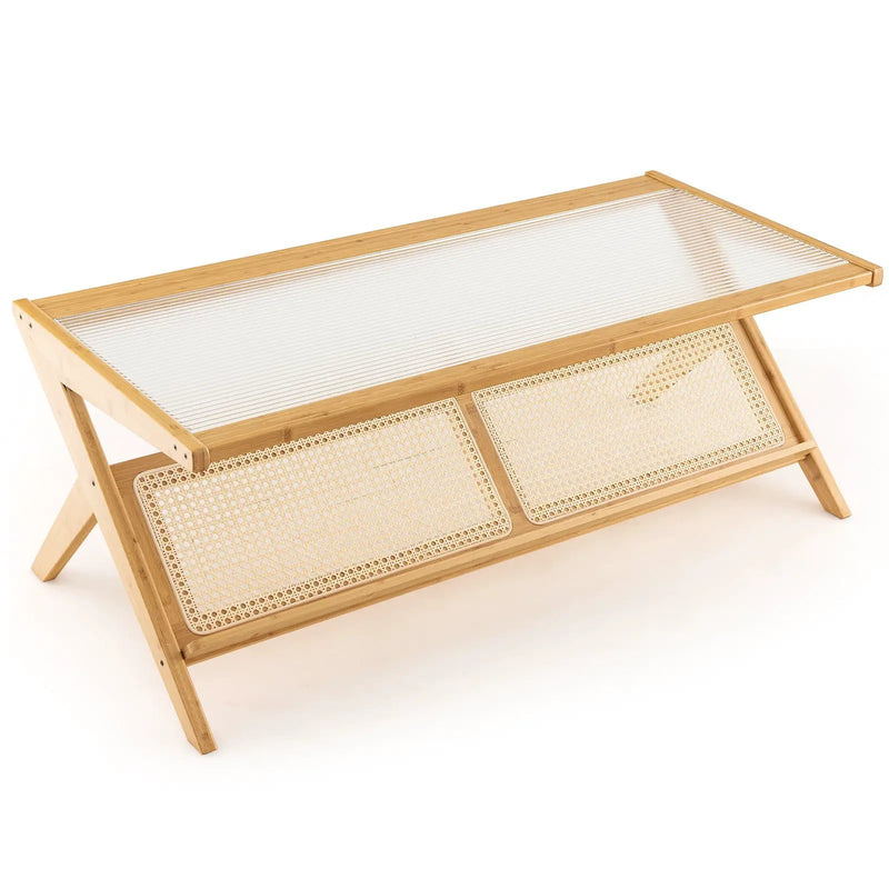 Z-Shaped Handwoven Bamboo Coffee Table with Tempered Glass Top-Natural by DirectDeals