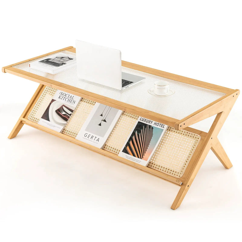 Z-Shaped Handwoven Bamboo Coffee Table with Tempered Glass Top-Natural by DirectDeals