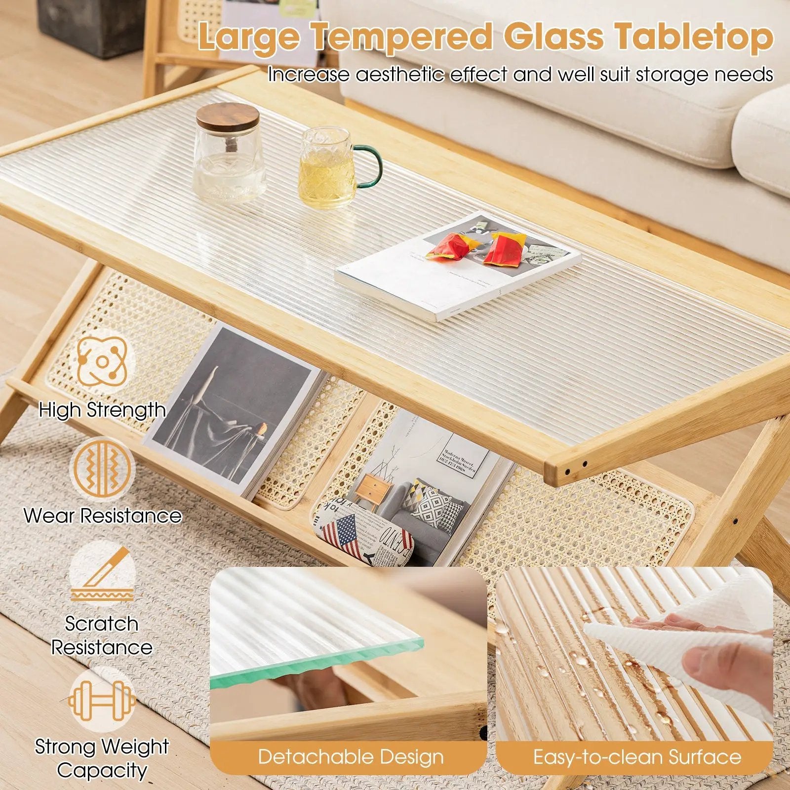Z-Shaped Handwoven Bamboo Coffee Table with Tempered Glass Top-Natural by DirectDeals