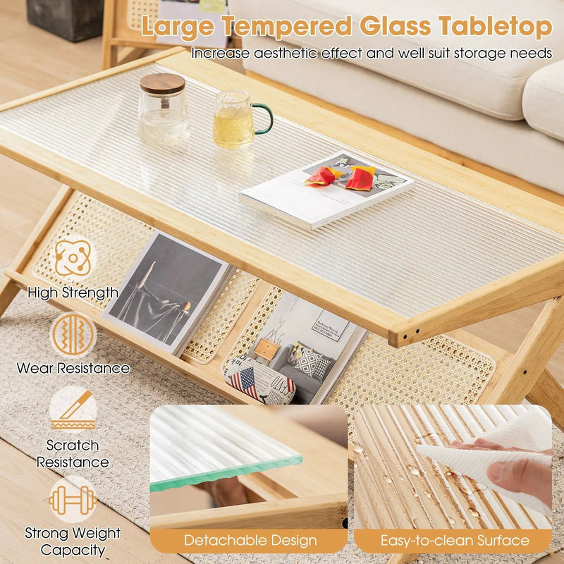 Z-Shaped Handwoven Bamboo Coffee Table with Tempered Glass Top-Natural by DirectDeals