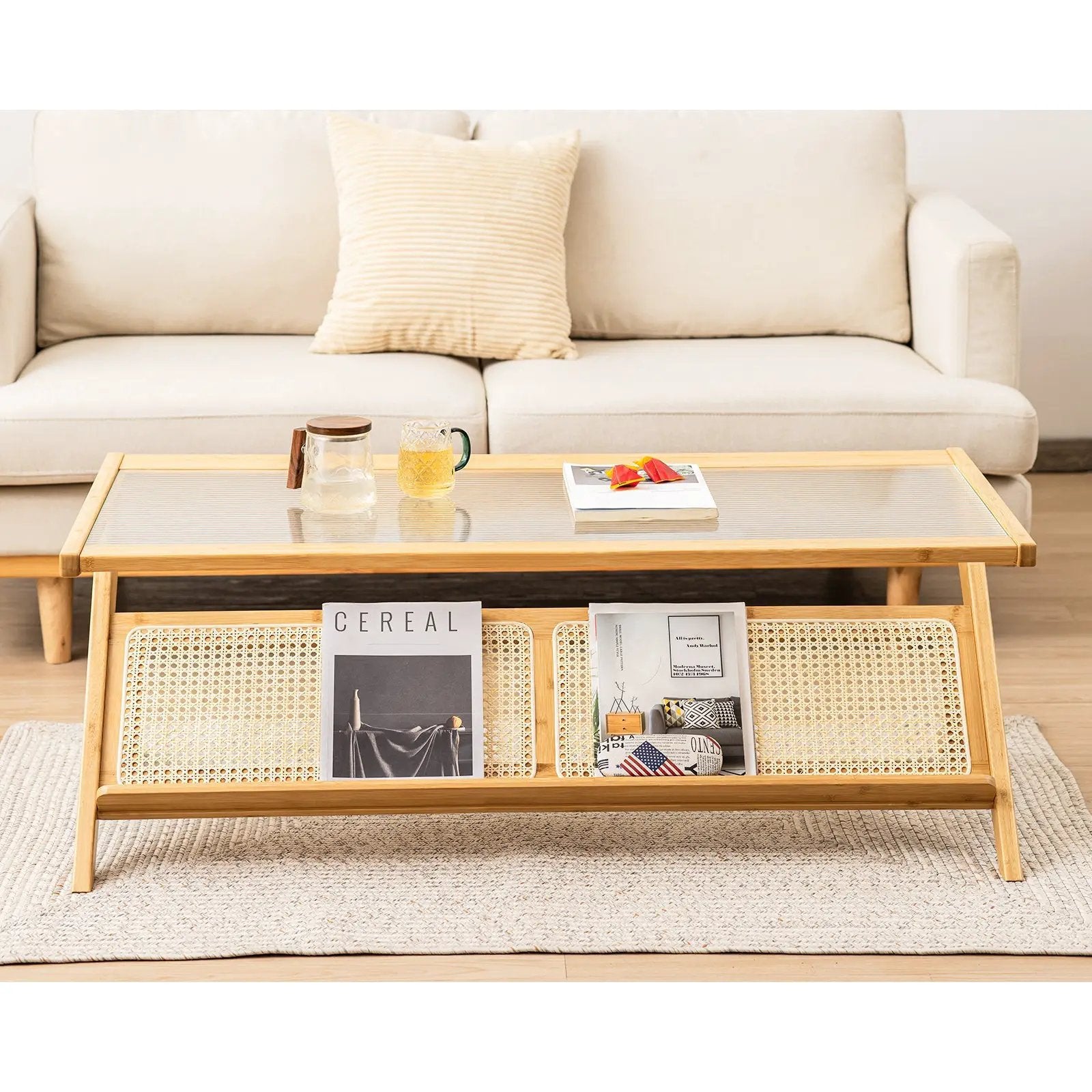 Z-Shaped Handwoven Bamboo Coffee Table with Tempered Glass Top-Natural by DirectDeals
