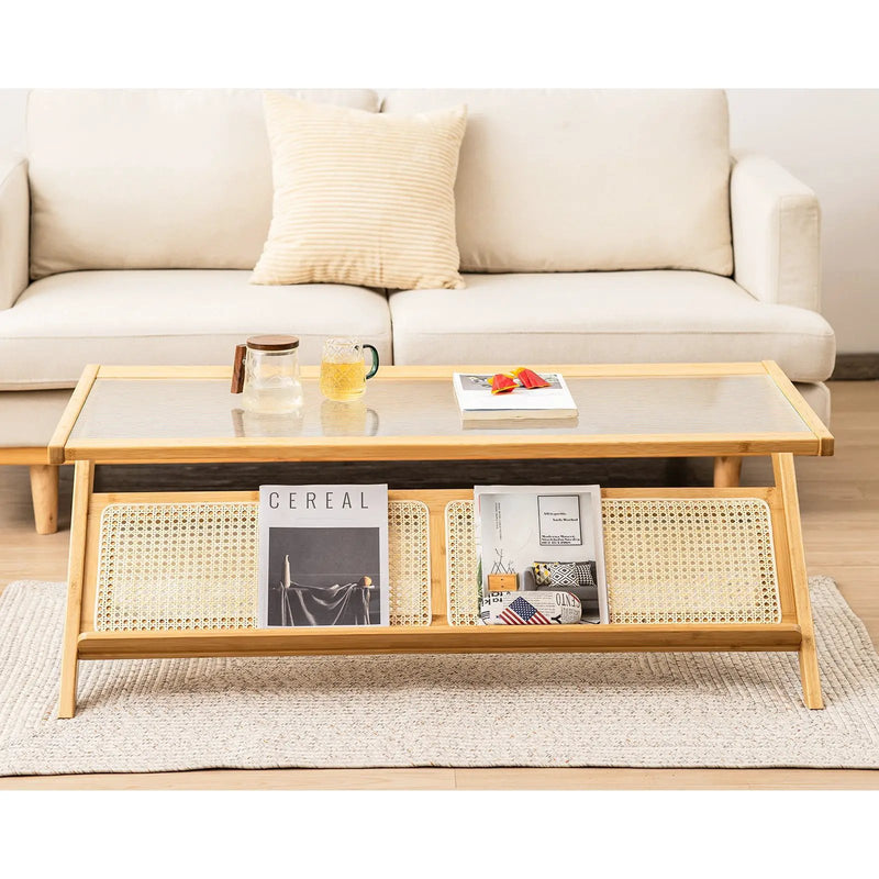 Z-Shaped Handwoven Bamboo Coffee Table with Tempered Glass Top-Natural by DirectDeals