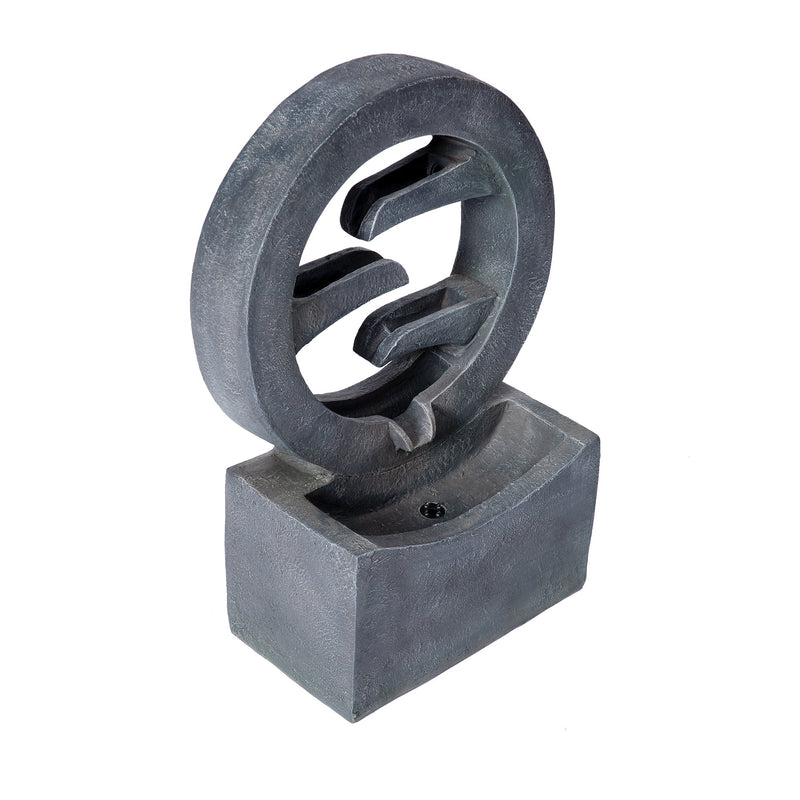 Resin Zen Ring Outdoor Water Fountain with Warm LED, angled view