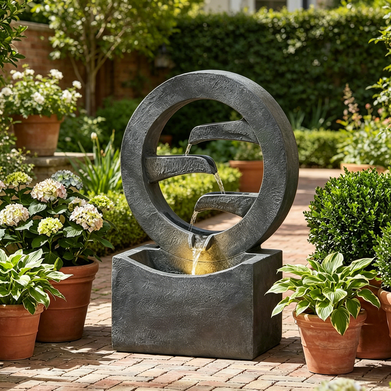 Resin Zen Ring Outdoor Water Fountain with Warm LED, photo 2 of 6