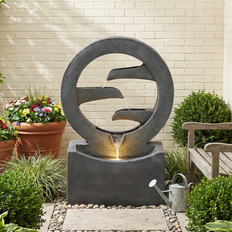 Resin Zen Ring Outdoor Water Fountain with Warm LED, photo 3 of 6