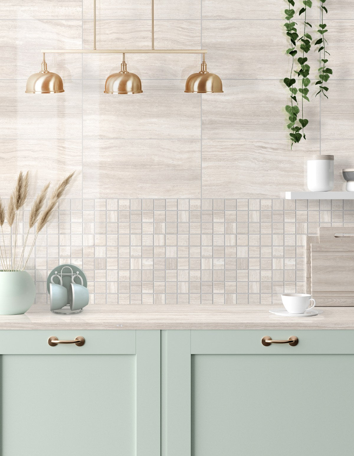 Zenit Beige Honed 2x2 Travertine Look Porcelain Mosaics 12x12 installed in a kitchen, view 2
