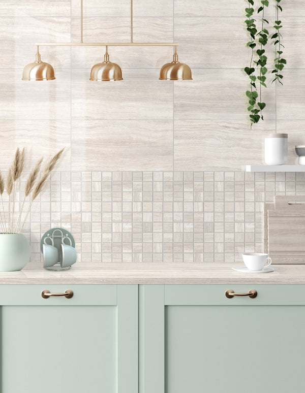 Zenit Beige Honed 2x2 Travertine Look Porcelain Mosaics 12x12 installed in a kitchen, view 2