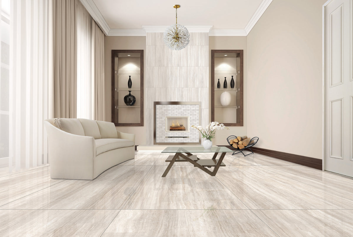 Zenit Beige Honed 2x6 Travertine Look Porcelain Mosaics 12x12 installed in a living room