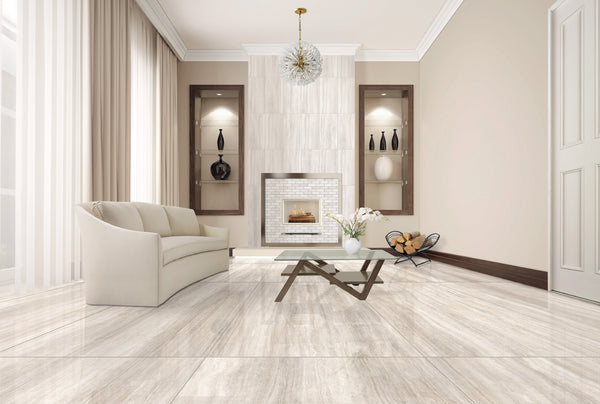 Zenit Beige Honed 2x6 Travertine Look Porcelain Mosaics 12x12 installed in a living room