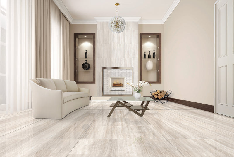 Zenit Beige Honed 2x6 Travertine Look Porcelain Mosaics 12x12 installed in a living room