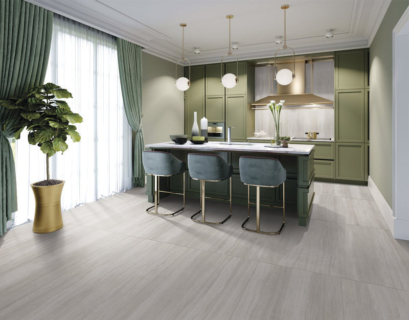 Zenit Beige Honed Travertine Look Cove Base Porcelain Trim 6x12 installed in a kitchen