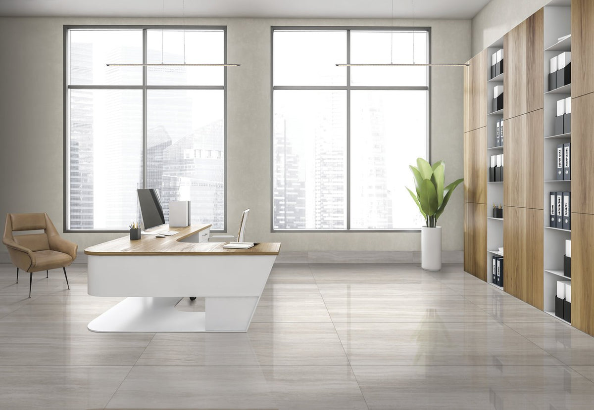 Zenit Beige Honed Travertine Look Porcelain Tiles 24x48 installed in an office