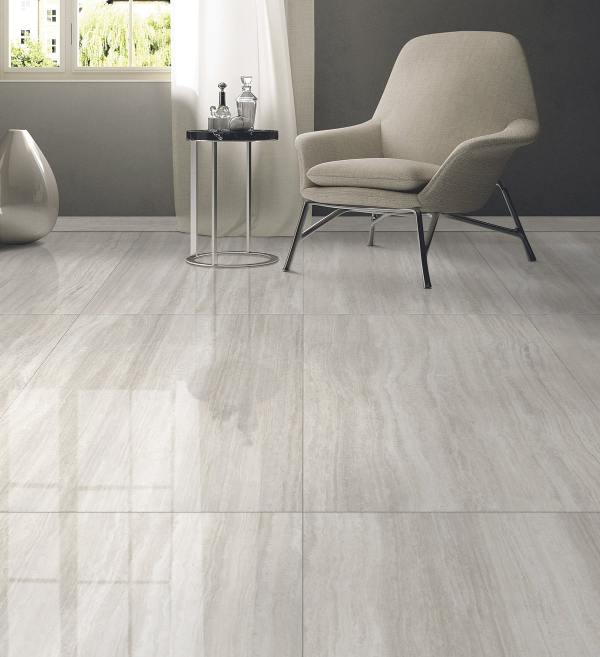 Zenit Beige Polished Travertine Look Bullnose Porcelain Trim 4x24 installed in a living room, view 2