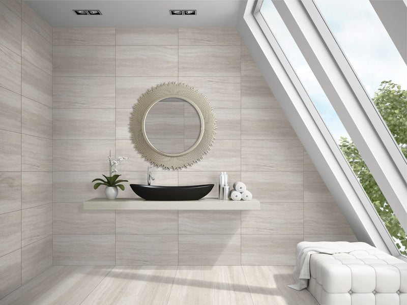 Zenit Beige Polished Travertine Look Bullnose Porcelain Trim 4x24 installed in a bathroom