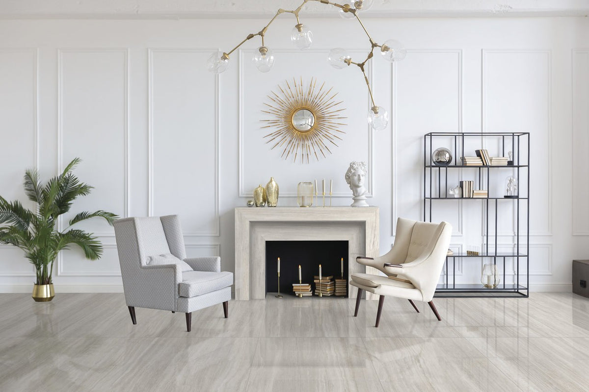 Zenit Beige Polished Travertine Look Porcelain Tiles 12x24 installed in a living room