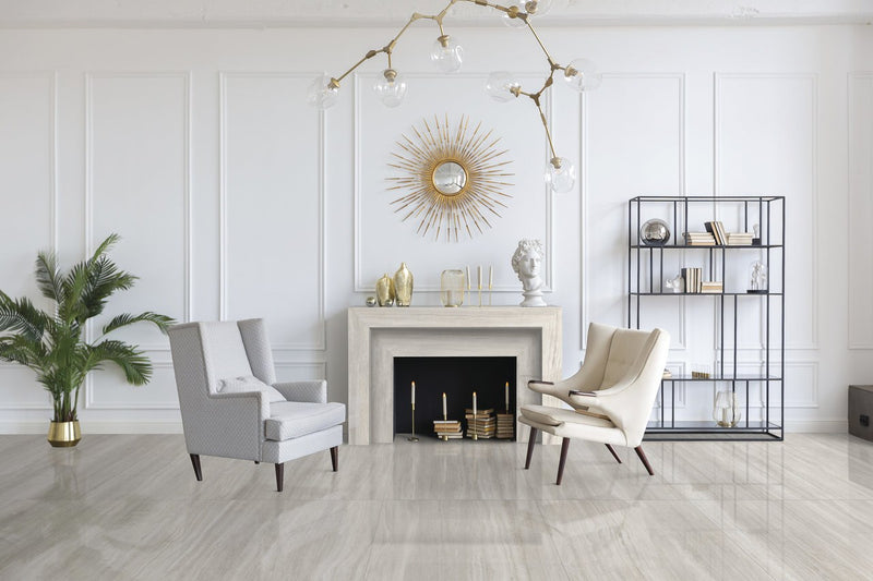 Zenit Beige Polished Travertine Look Porcelain Tiles 12x24 installed in a living room