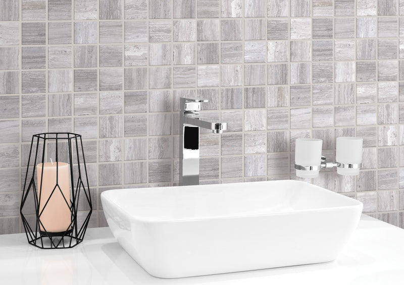 Zenit Grey Honed 2x2 Travertine Look Porcelain Mosaics 12x12 installed in a bathroom
