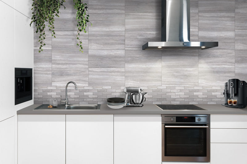 Zenit Grey Honed 2x6 Travertine Look Porcelain Mosaics 12x12 installed in a kitchen