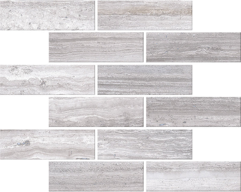 Zenit Grey Honed 2x6 Travertine Look Porcelain Mosaics 12x12 mosaic sheet