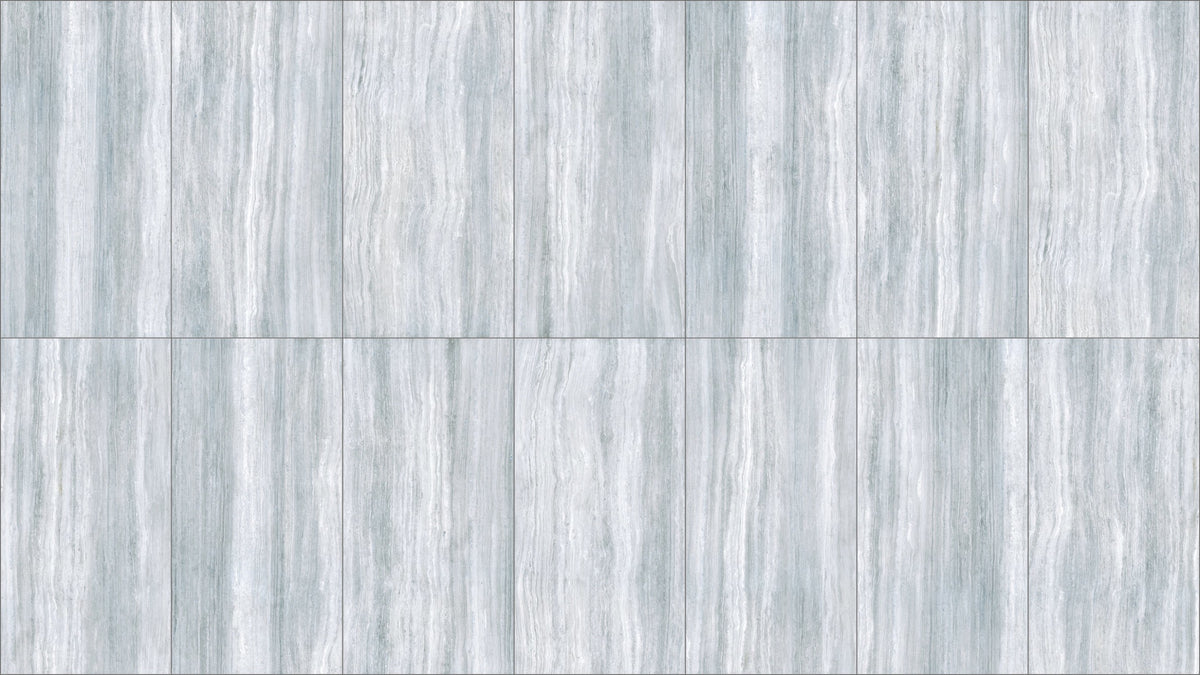 Zenit Grey Polished Travertine Look Bullnose Porcelain Trim 4x24, several pieces laid together, view 2