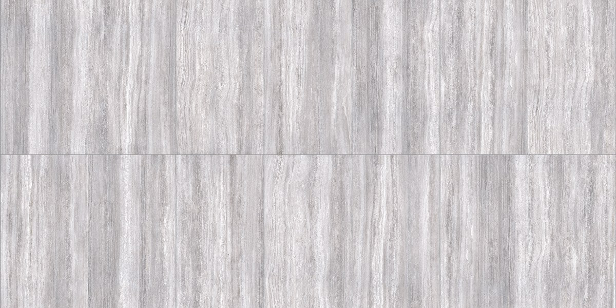 Zenit Grey Polished Travertine Look Bullnose Porcelain Trim 4x24, several pieces laid together