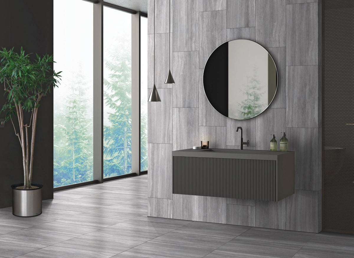 Zenit Grey Polished Travertine Look Porcelain Tiles 12x24 installed in a bathroom
