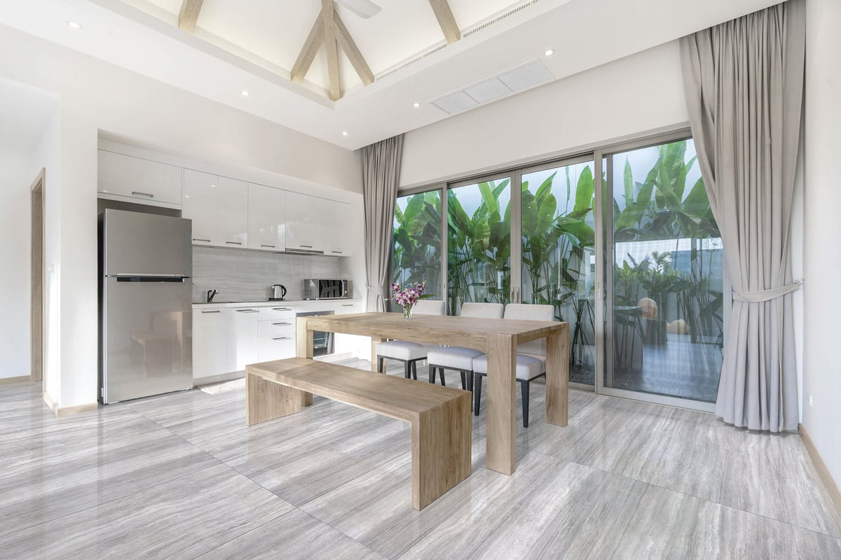 Zenit Grey Polished Travertine Look Porcelain Tiles 24x48 installed in a kitchen
