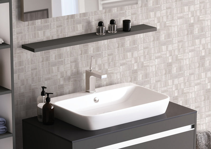 Zenit Light Taupe Honed 2x2 Travertine Look Porcelain Mosaics 12x12 installed in a bathroom