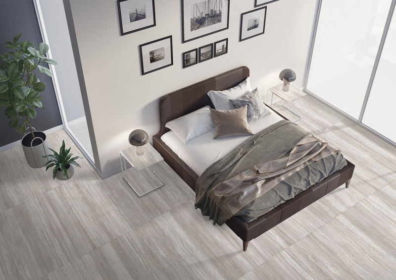 Zenit Light Taupe Honed Travertine Look Porcelain Tiles 24x48 installed in a bedroom