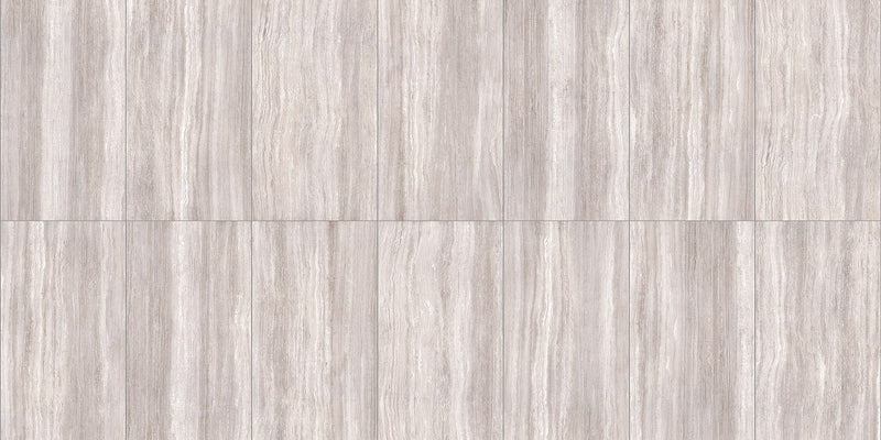 Zenit Light Taupe Polished Travertine Look Bullnose Porcelain Trim 4x24, several pieces laid together