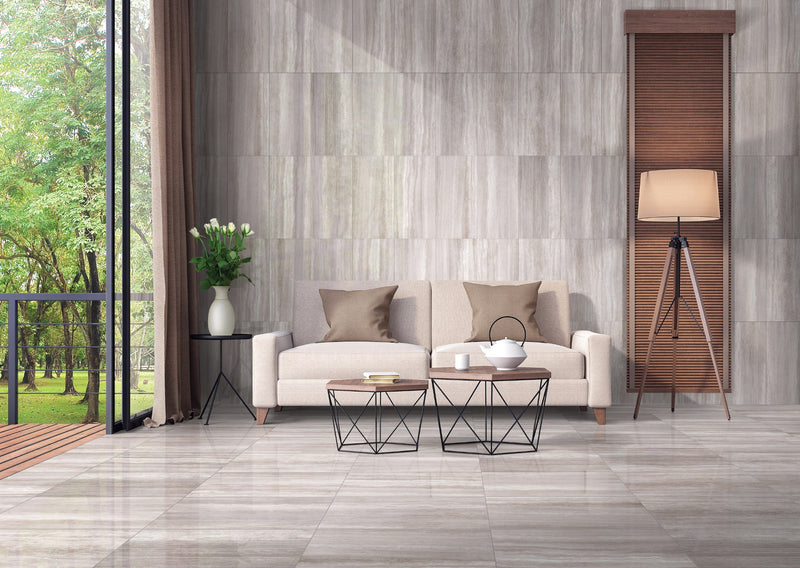 Zenit Light Taupe Polished Travertine Look Bullnose Porcelain Trim 4x24 installed in a living room, view 2