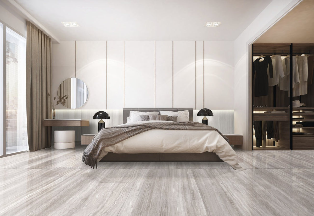 Zenit Light Taupe Polished Travertine Look Porcelain Tiles 24x48 installed in a bedroom, view 2