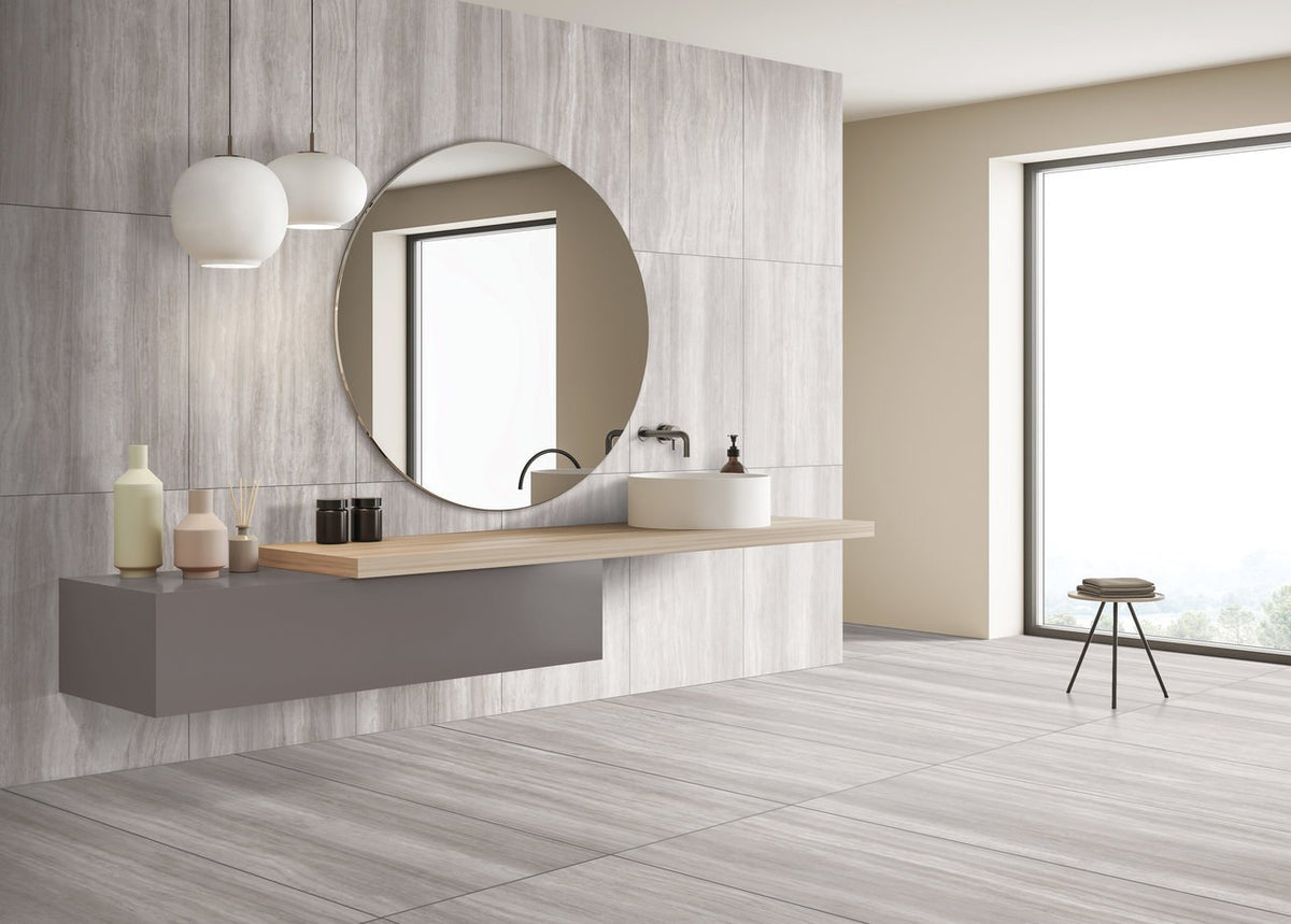 Zenit Light Taupe Polished Travertine Look Porcelain Tiles 24x48 installed in a bathroom