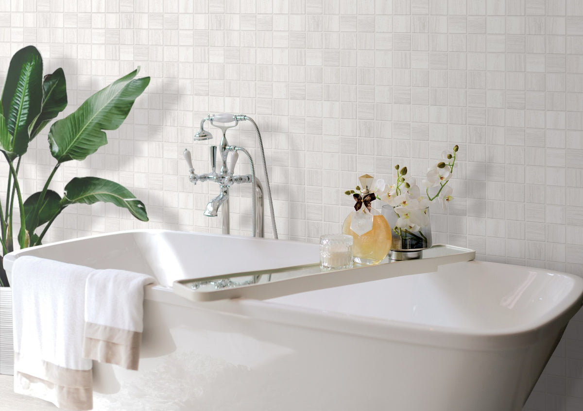 Zenit White Honed 2x2 Travertine Look Porcelain Mosaics 12x12 installed in a bathroom