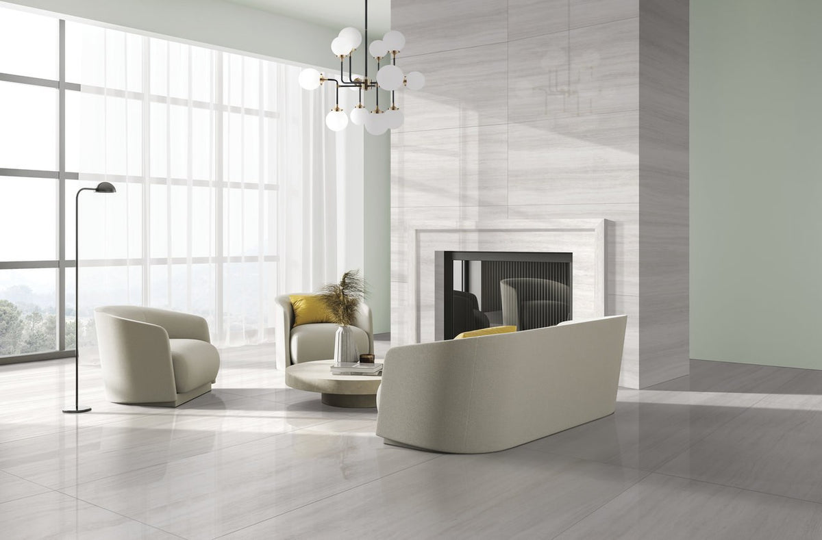 Zenit White Honed Travertine Look Porcelain Tiles 24x48 installed in a living room