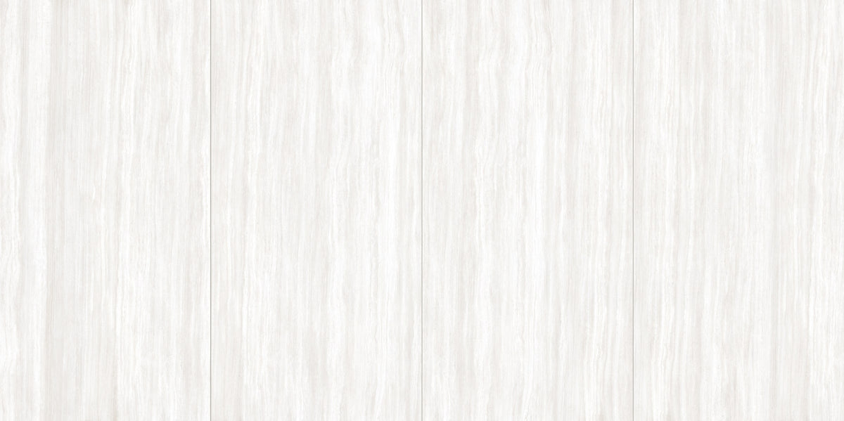 Zenit White Polished Travertine Look Bullnose Porcelain Trim 4x24, several pieces laid together, view 2