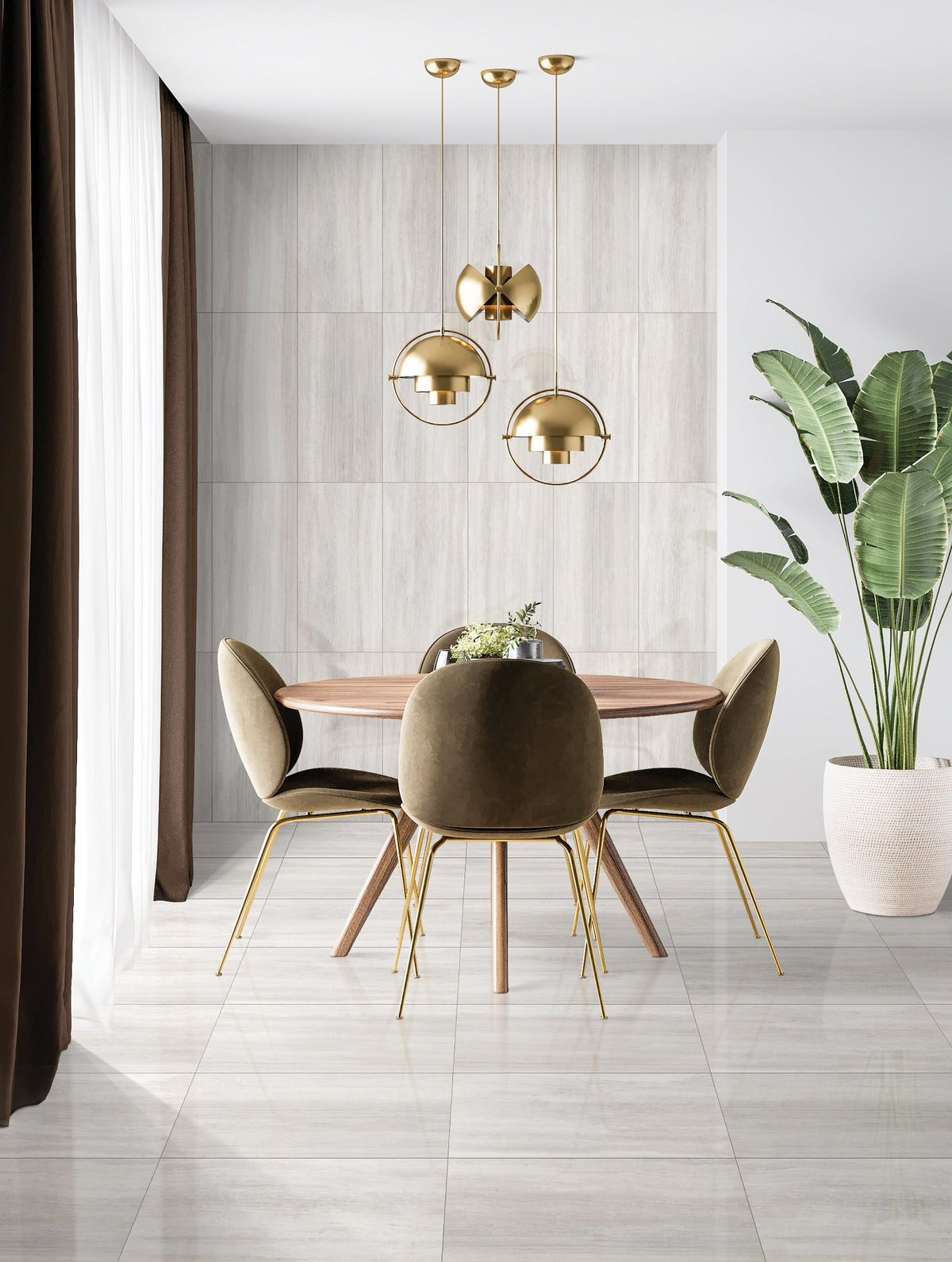 Zenit White Polished Travertine Look Porcelain Tiles 12x24 installed in a dining room