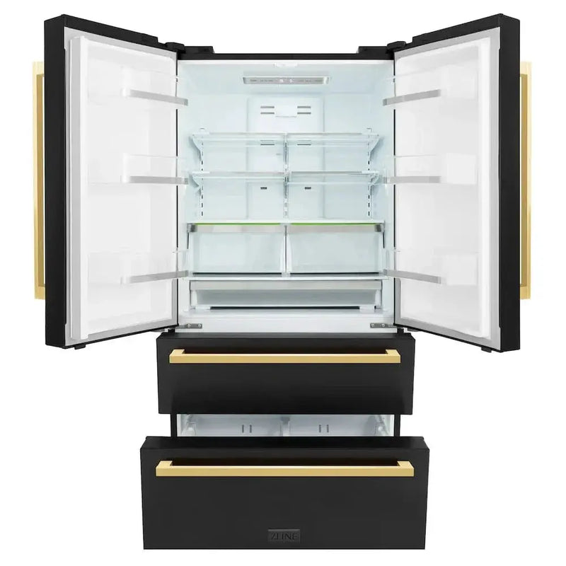 ZLINE Autograph Edition 36" 4-Door French Door Refrigerator, Ice Maker, Black Stainless Steel, Polished Gold Square Handles RFMZ-36-BS-FG by Farmhouse Kitchen and Bath