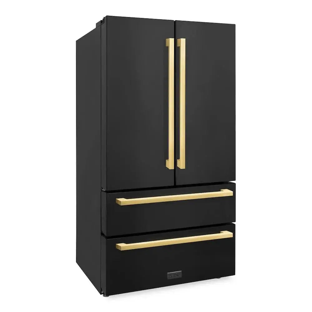 ZLINE Autograph Edition 36" 4-Door French Door Refrigerator, Ice Maker, Black Stainless Steel, Polished Gold Square Handles RFMZ-36-BS-FG by Farmhouse Kitchen and Bath