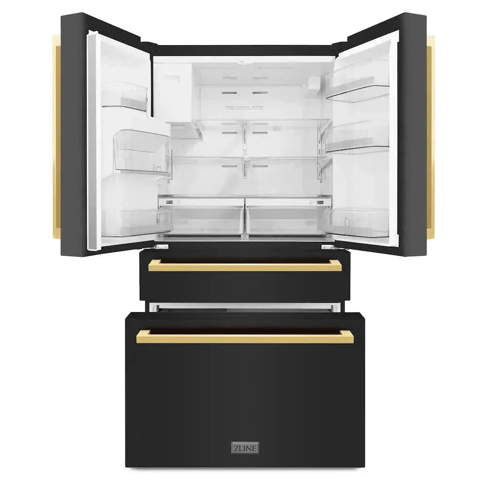 ZLINE Autograph Edition 36" 4-Door French Door Refrigerator, Water, Ice Dispenser, Black Stainless Steel, Polished Gold Square Handles RFMZ-W-36-BS-FG by Farmhouse Kitchen and Bath