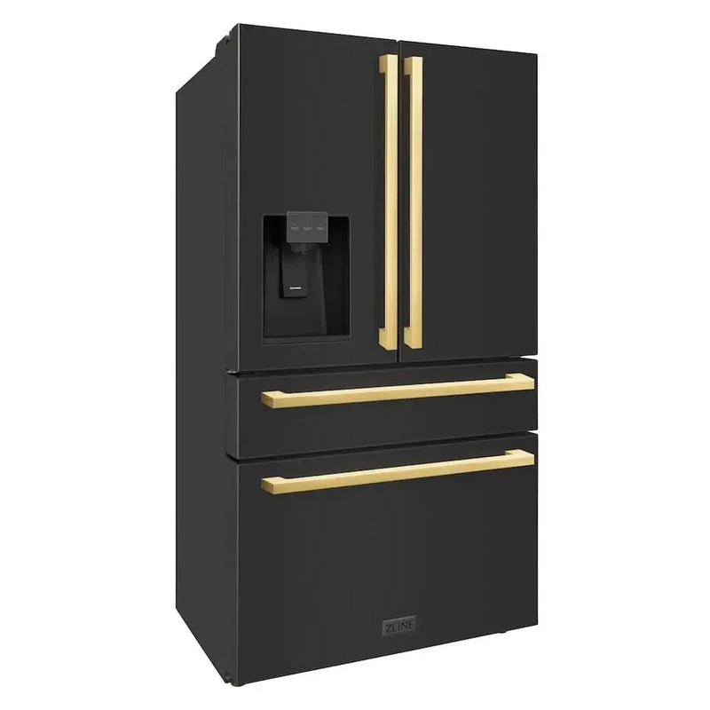 ZLINE Autograph Edition 36" 4-Door French Door Refrigerator, Water, Ice Dispenser, Black Stainless Steel, Polished Gold Square Handles RFMZ-W-36-BS-FG by Farmhouse Kitchen and Bath
