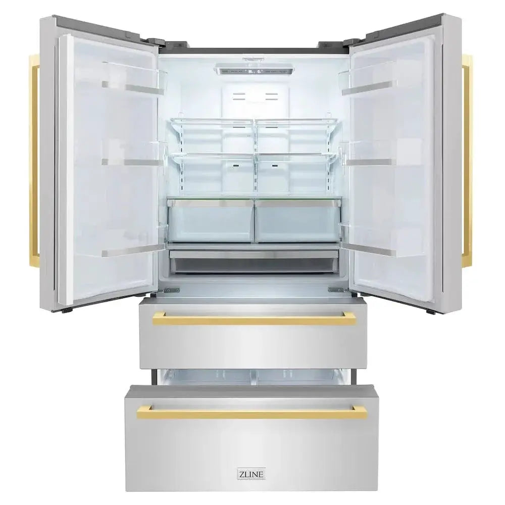 ZLINE Autograph Edition 36" 4-Door French Door Refrigerator, Ice Maker, Stainless Steel, Polished Gold Square Handles RFMZ-36-FG by Farmhouse Kitchen and Bath