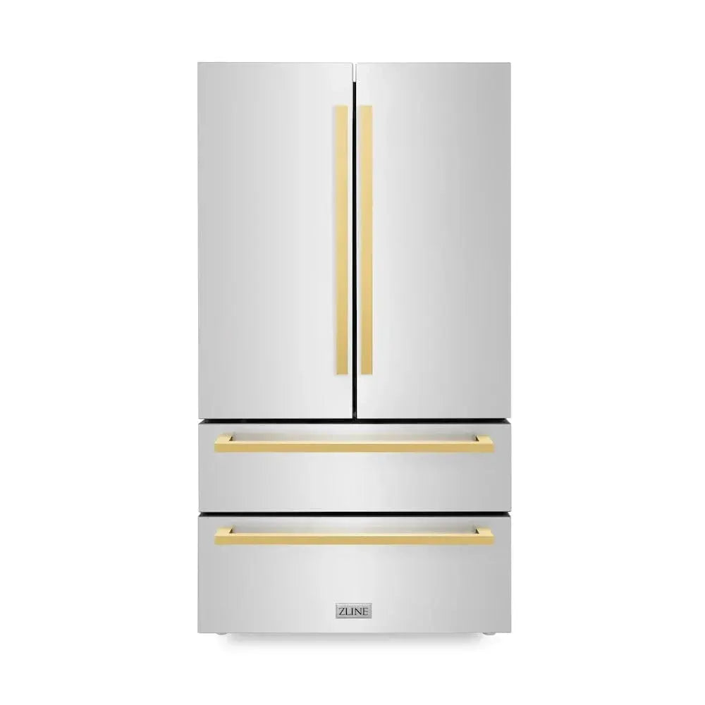 ZLINE Autograph Edition 36" 4-Door French Door Refrigerator, Ice Maker, Stainless Steel, Polished Gold Square Handles RFMZ-36-FG by Farmhouse Kitchen and Bath