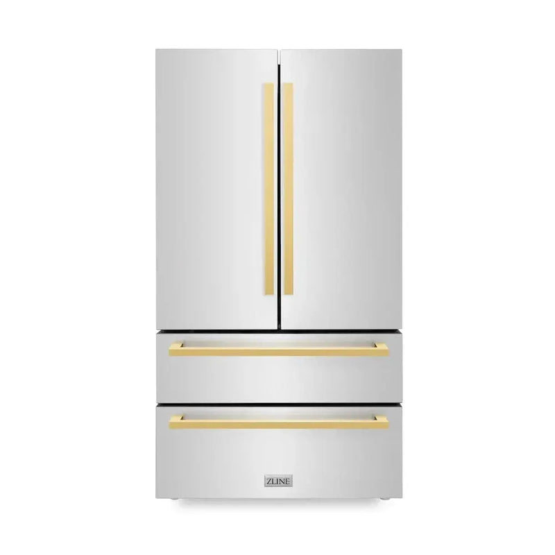 ZLINE Autograph Edition 36" 4-Door French Door Refrigerator, Ice Maker, Stainless Steel, Polished Gold Square Handles RFMZ-36-FG by Farmhouse Kitchen and Bath