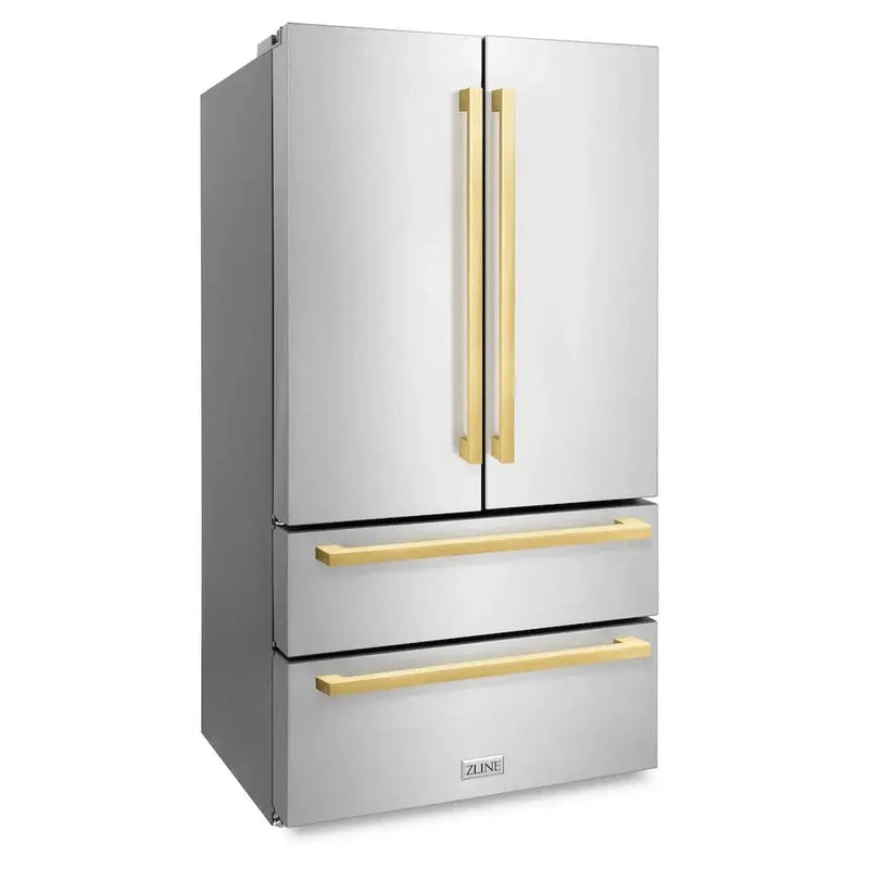 ZLINE Autograph Edition 36" 4-Door French Door Refrigerator, Ice Maker, Stainless Steel, Polished Gold Square Handles RFMZ-36-FG by Farmhouse Kitchen and Bath
