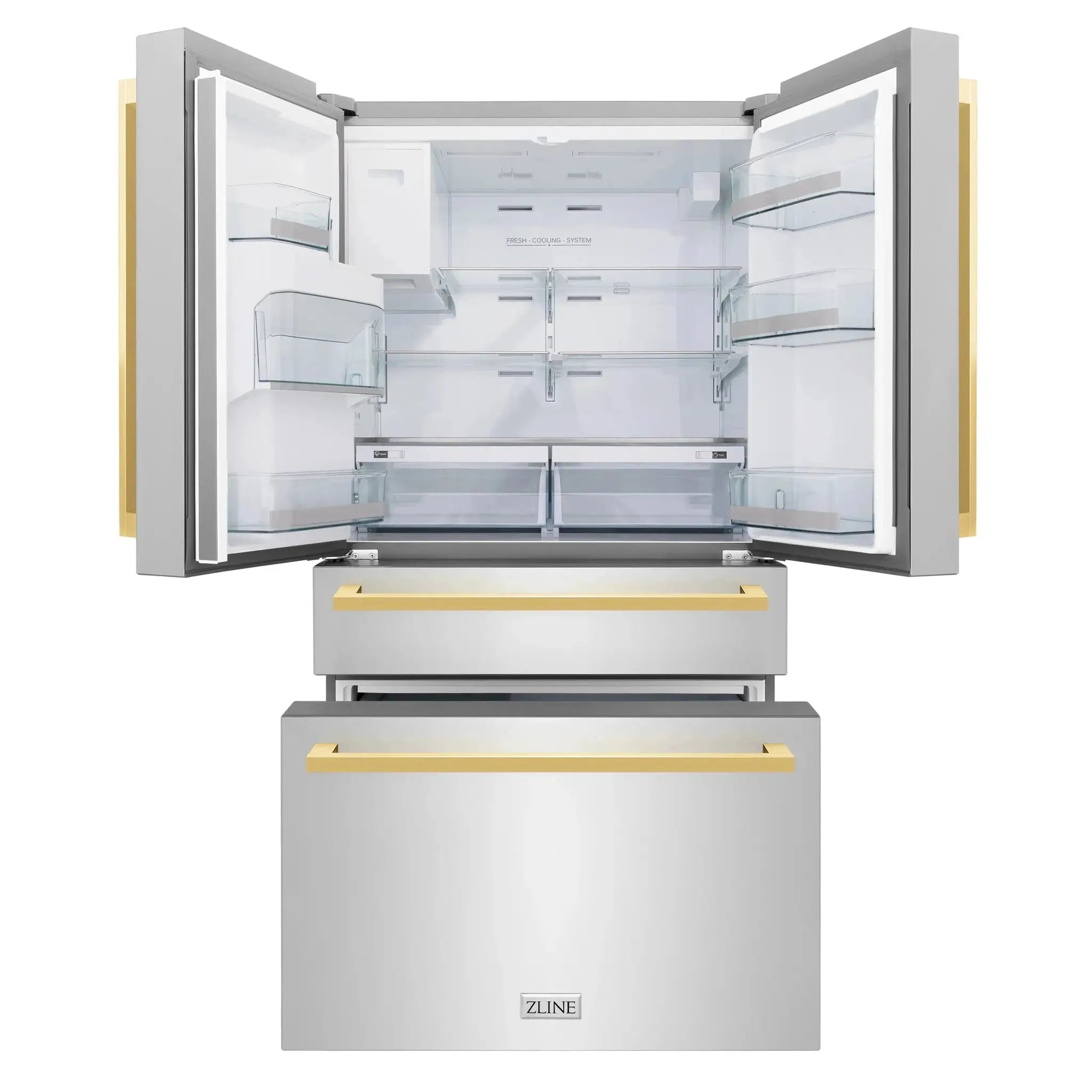 ZLINE Autograph Edition 36" 4-Door French Door Refrigerator, Water, Ice Dispenser, Stainless Steel, Polished Gold Square Handles RFMZ-W-36-FG by Farmhouse Kitchen and Bath