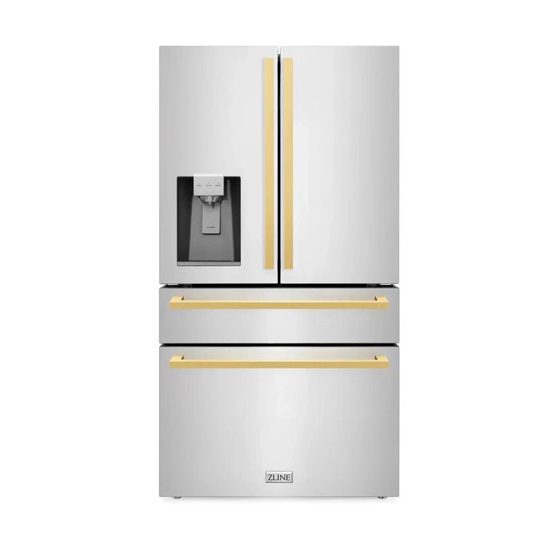 ZLINE Autograph Edition 36" 4-Door French Door Refrigerator, Water, Ice Dispenser, Stainless Steel, Polished Gold Square Handles RFMZ-W-36-FG by Farmhouse Kitchen and Bath