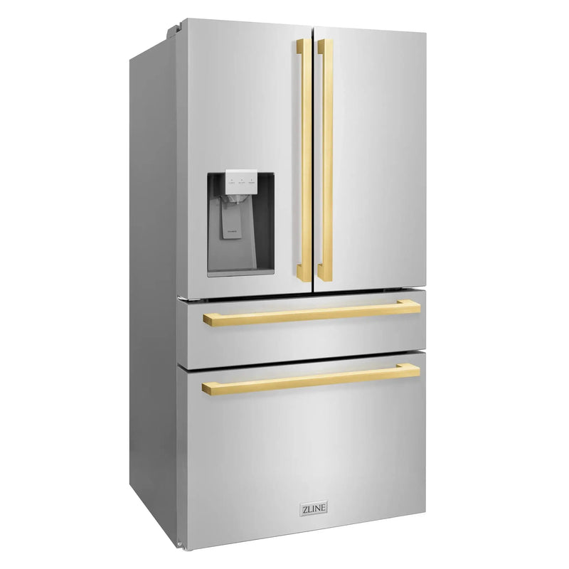 ZLINE Autograph Edition 36" 4-Door French Door Refrigerator, Water, Ice Dispenser, Stainless Steel, Polished Gold Square Handles RFMZ-W-36-FG by Farmhouse Kitchen and Bath