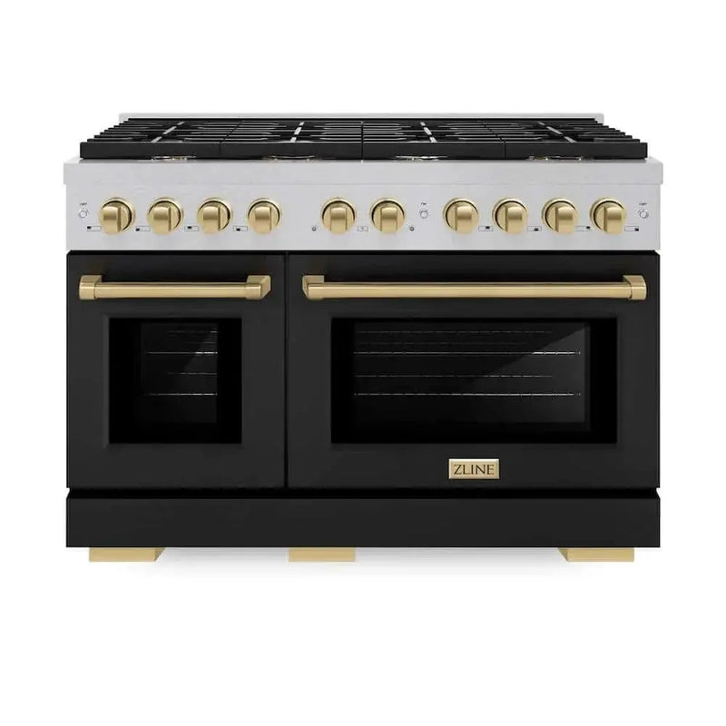 ZLINE 48"Gas Range, Convection Gas Oven, DuraSnow® Black Matte, Champagne Bronze SGRSZ-BLM-48-CB by Farmhouse Kitchen and Bath