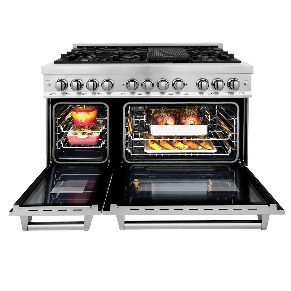 ZLINE 48" Bundled Stainless Dual Range, Range Hood, Microwave, 3KP-RARH48-MW by Farmhouse Kitchen and Bath